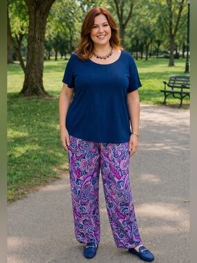 Roman SZ L (18/20) navy blue & purple paisley wide legged pants, waist 38”-48”